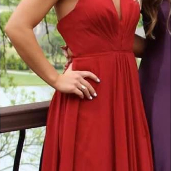Red prom Dress with hip slit. Low back with criss cross lace up back. - Picture 11 of 12